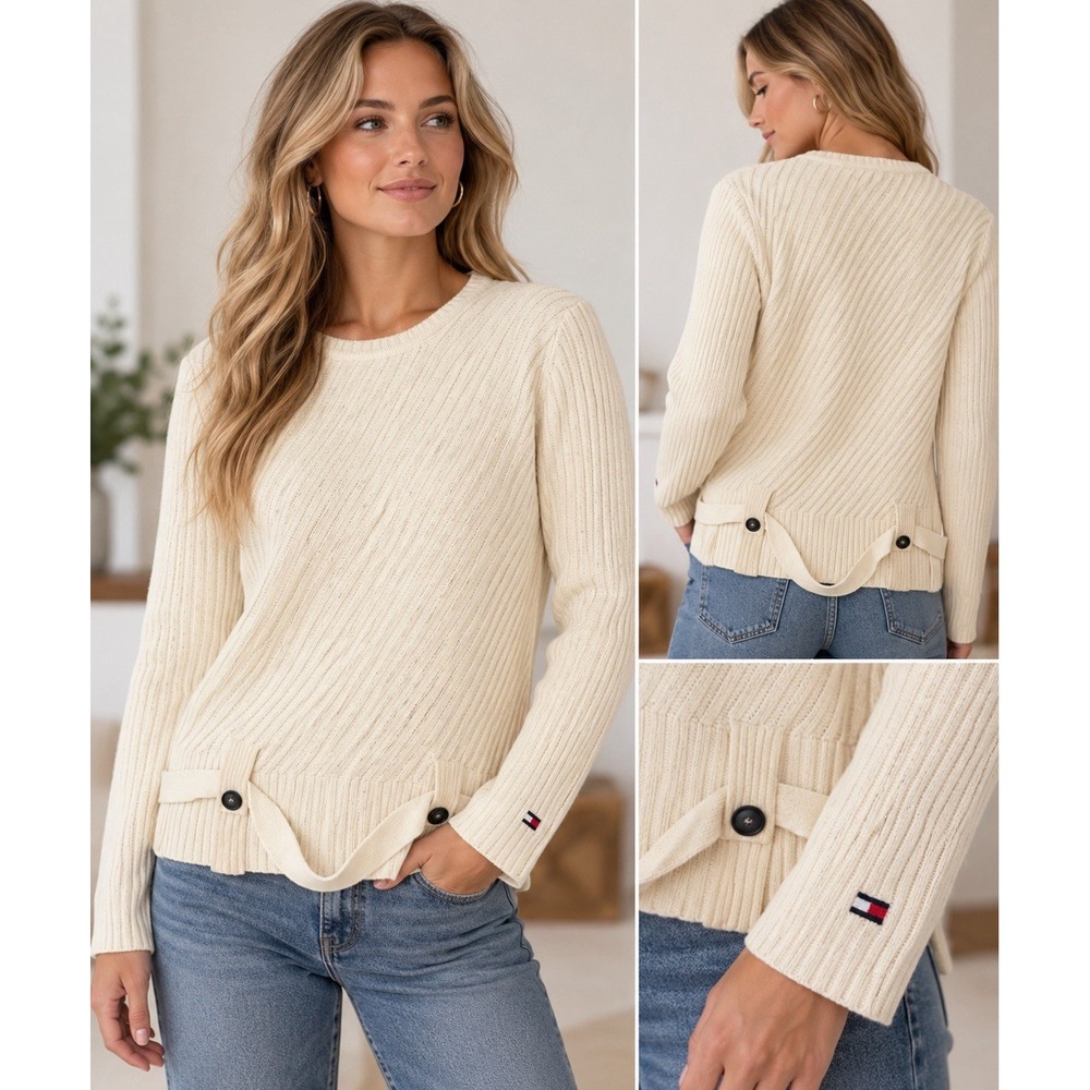 Vintage 2003 Tommy Hilfiger Sweater L Ivory Ribbed Belt Detail Y2K Made Japan
